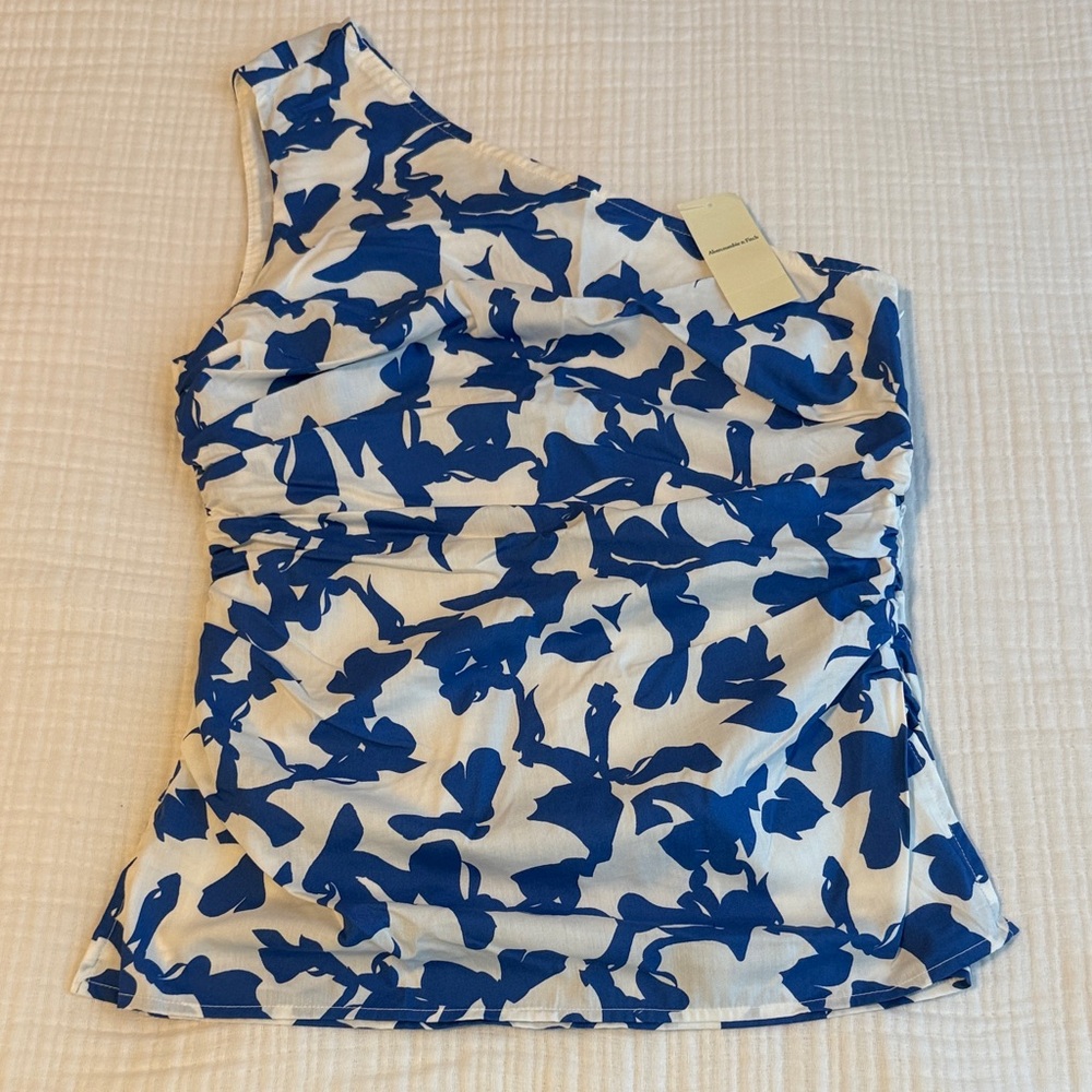 Abercrombie & Fitch Blue and White One-Shoulder Blouse